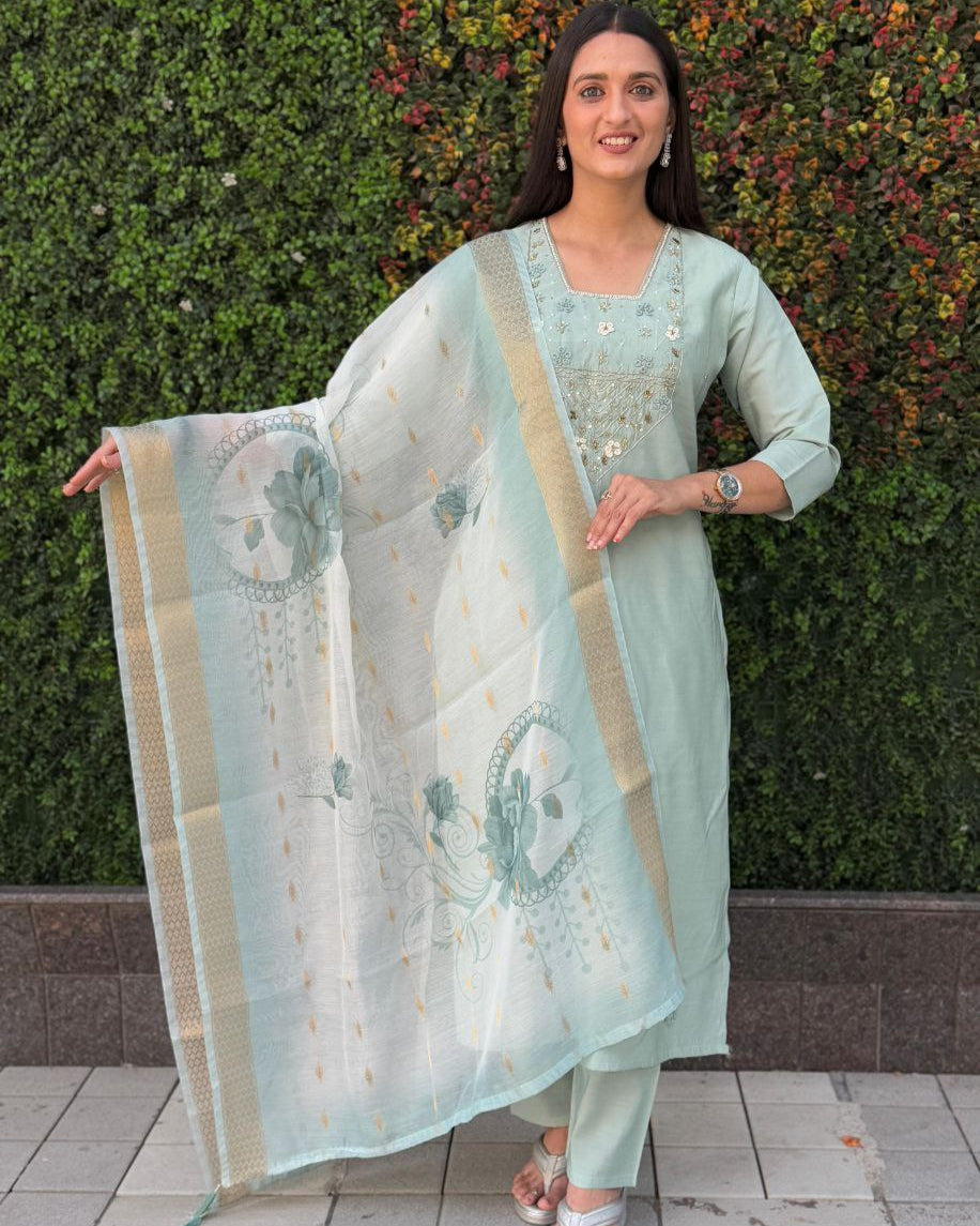 Elegant Designer Kurti Pant Dupatta Set β Premium Roman Silk