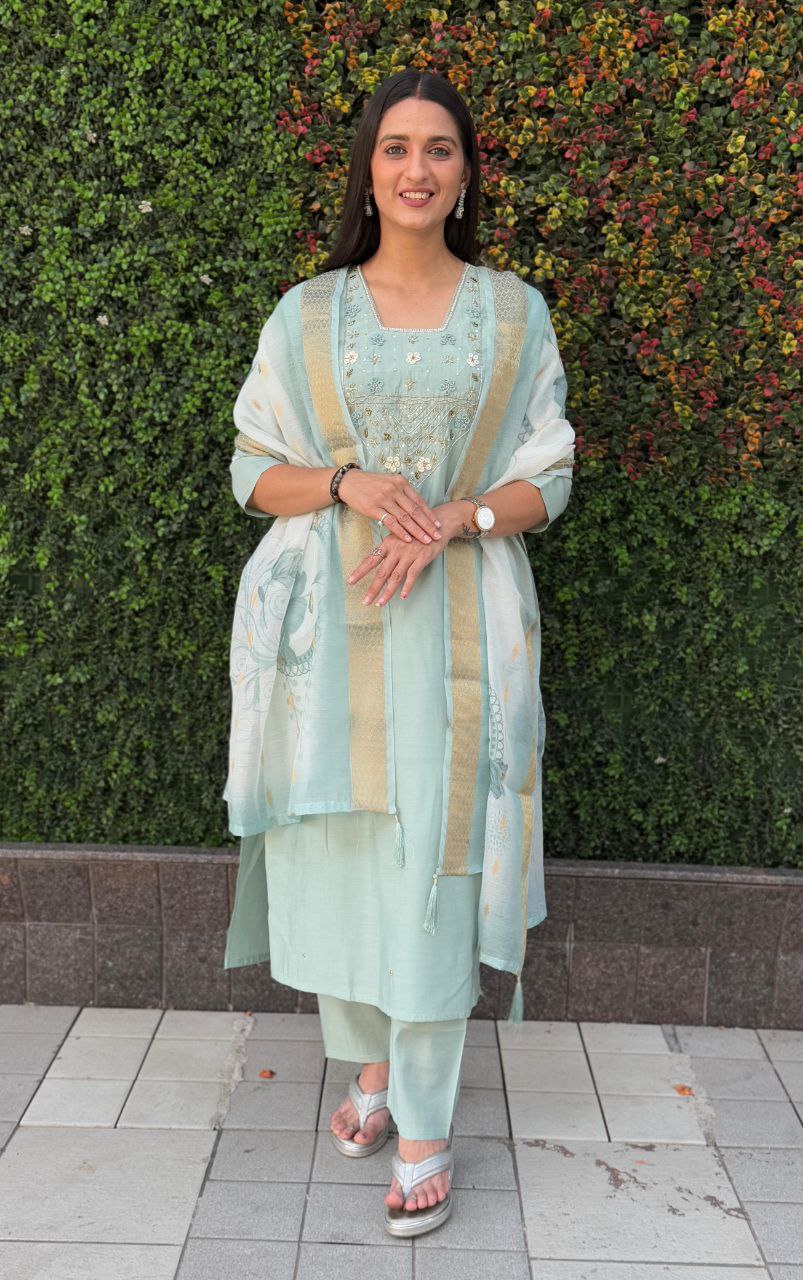 Elegant Designer Kurti Pant Dupatta Set β Premium Roman Silk