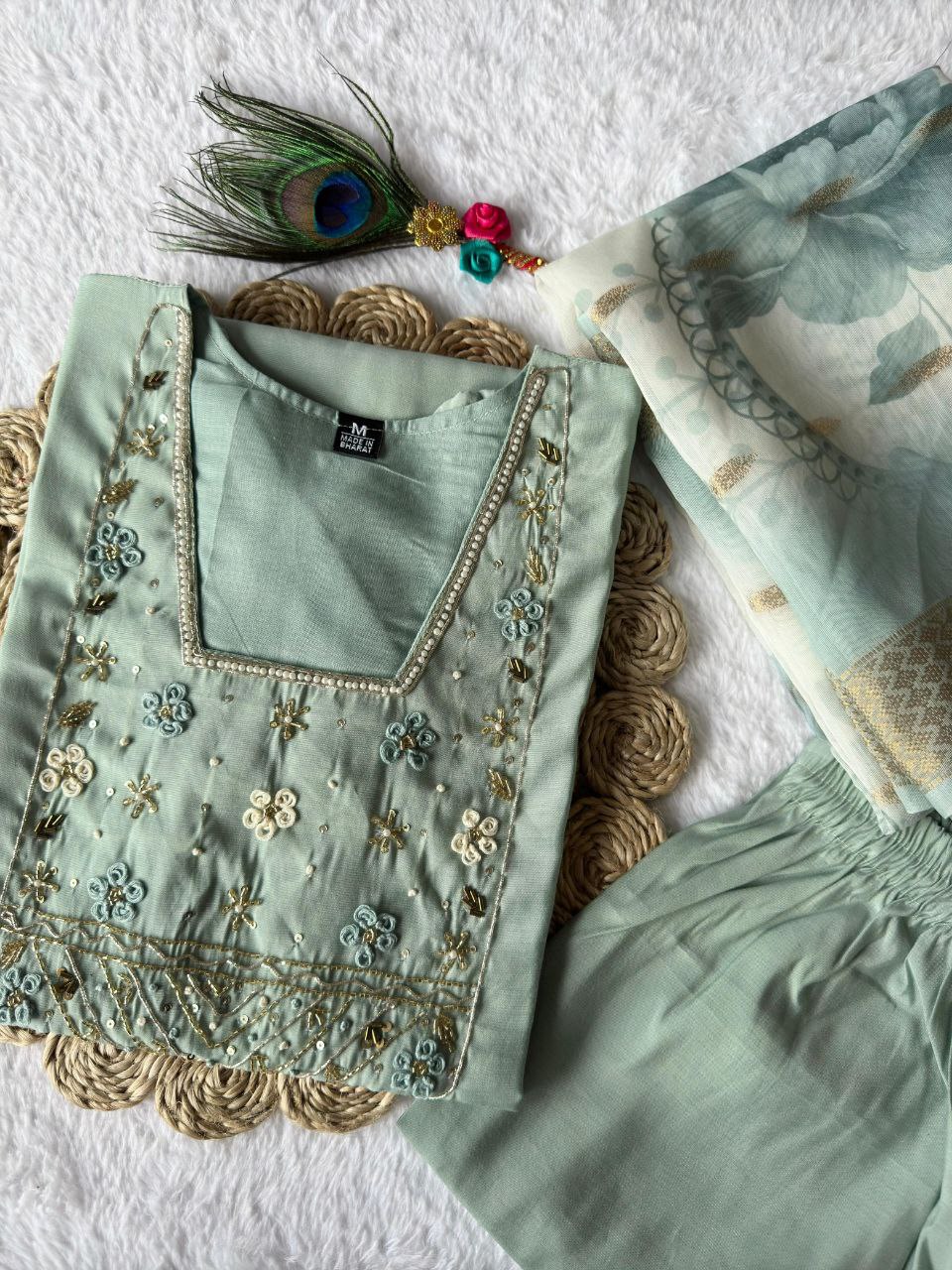 Elegant Designer Kurti Pant Dupatta Set β Premium Roman Silk