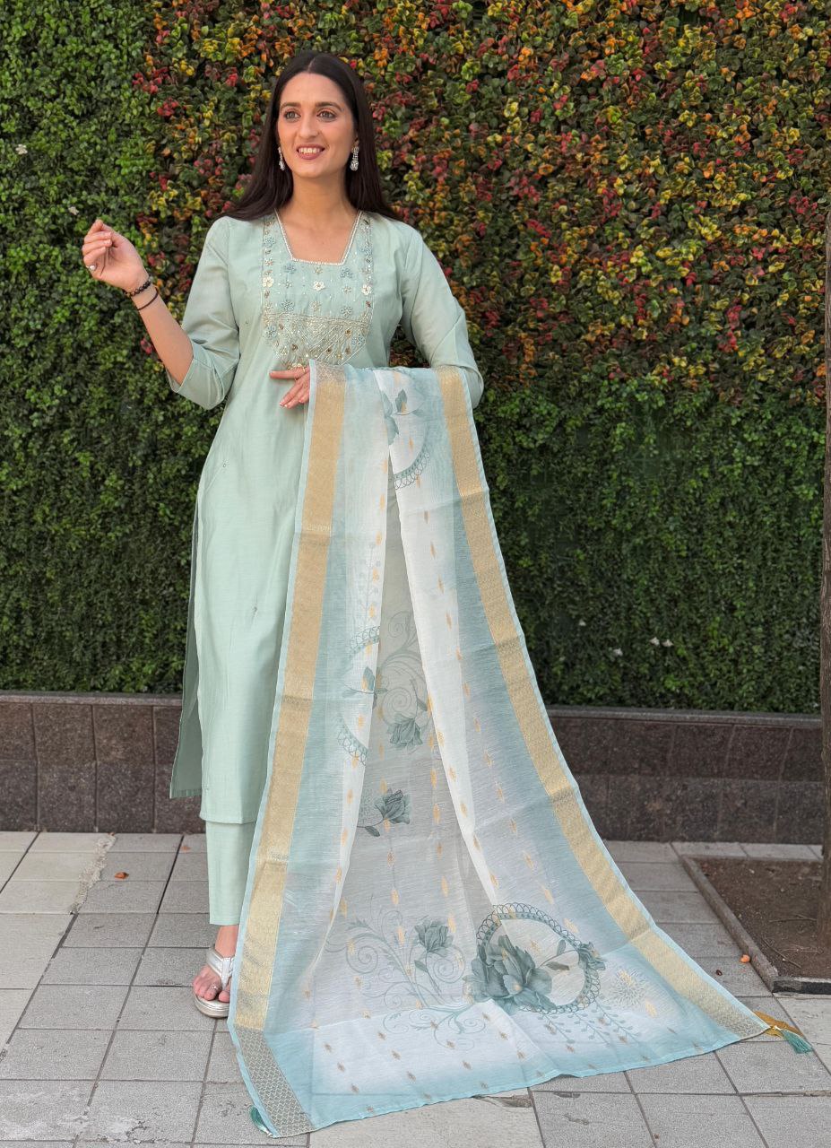 Elegant Designer Kurti Pant Dupatta Set β Premium Roman Silk