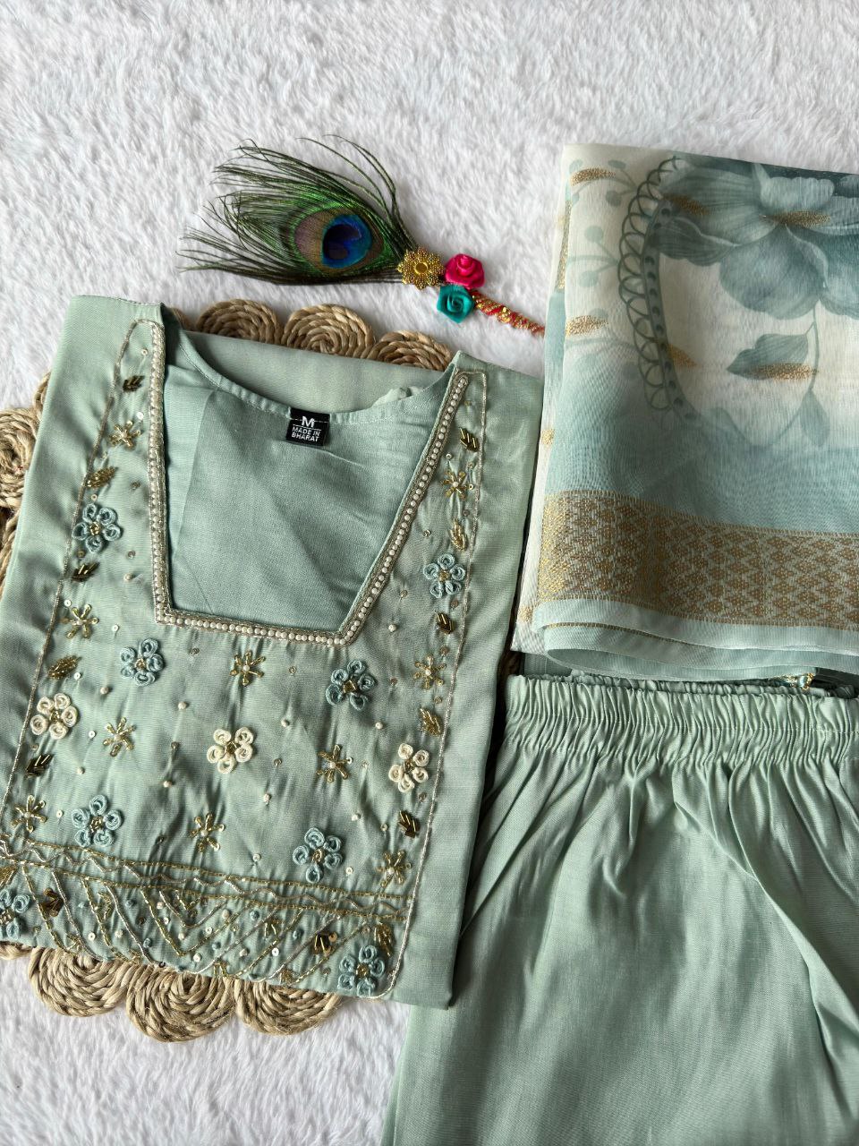 Elegant Designer Kurti Pant Dupatta Set β Premium Roman Silk