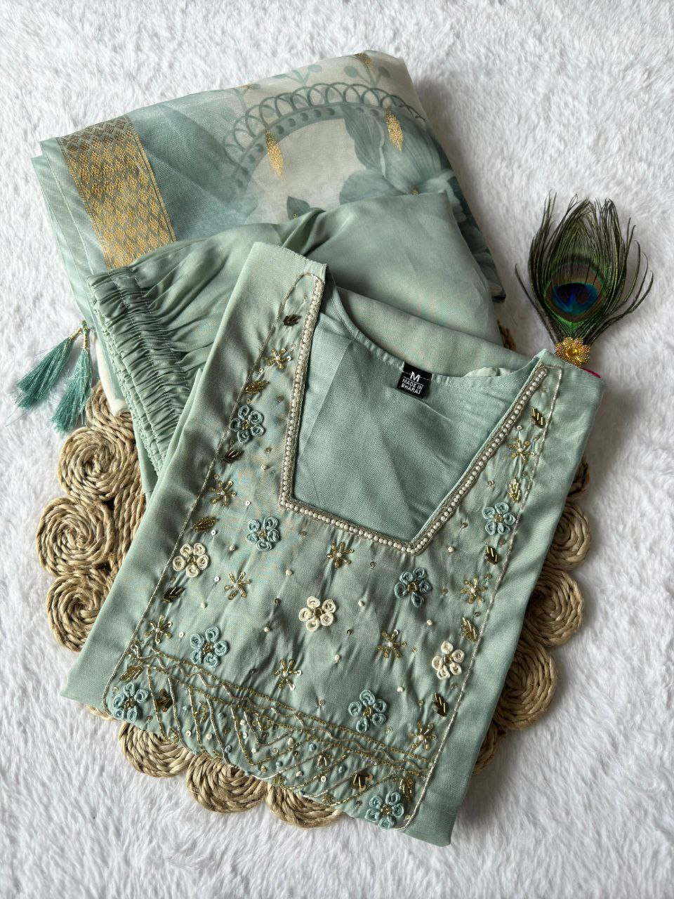 Elegant Designer Kurti Pant Dupatta Set β Premium Roman Silk