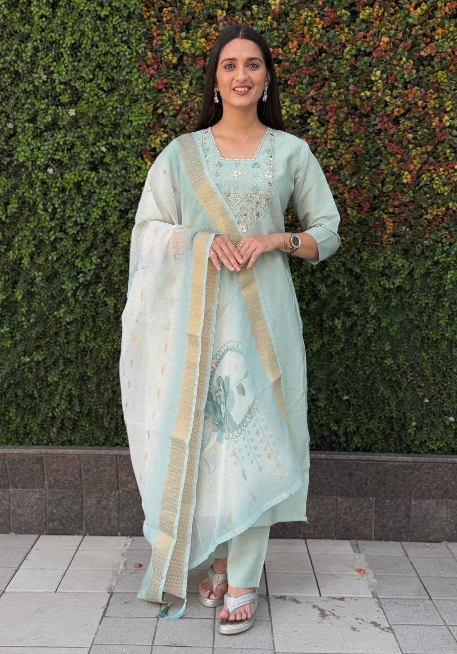 Elegant Designer Kurti Pant Dupatta Set β Premium Roman Silk