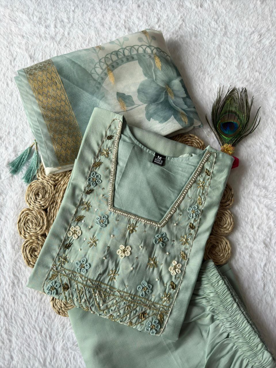Elegant Designer Kurti Pant Dupatta Set β Premium Roman Silk