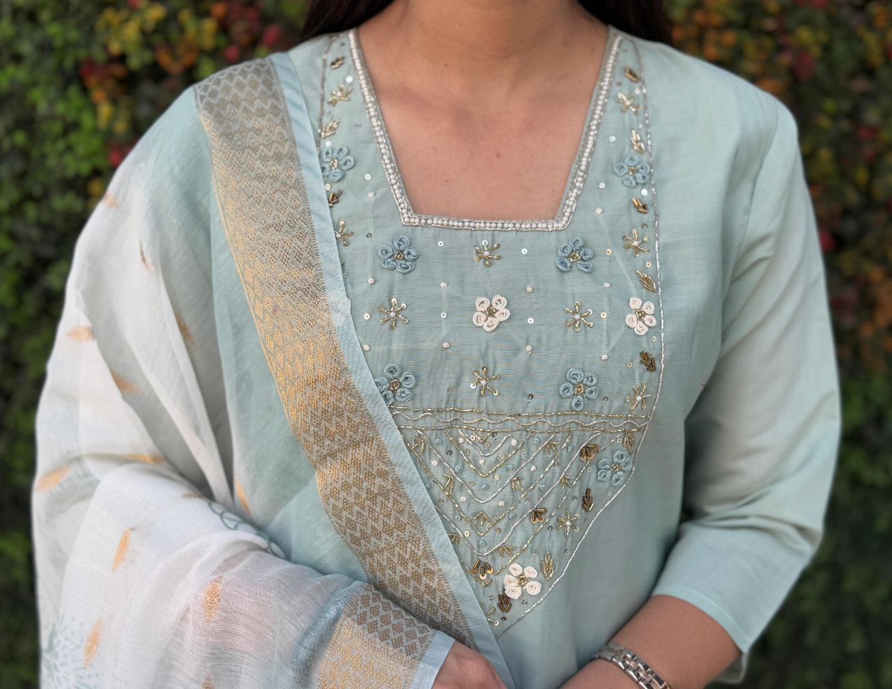 Elegant Designer Kurti Pant Dupatta Set β Premium Roman Silk