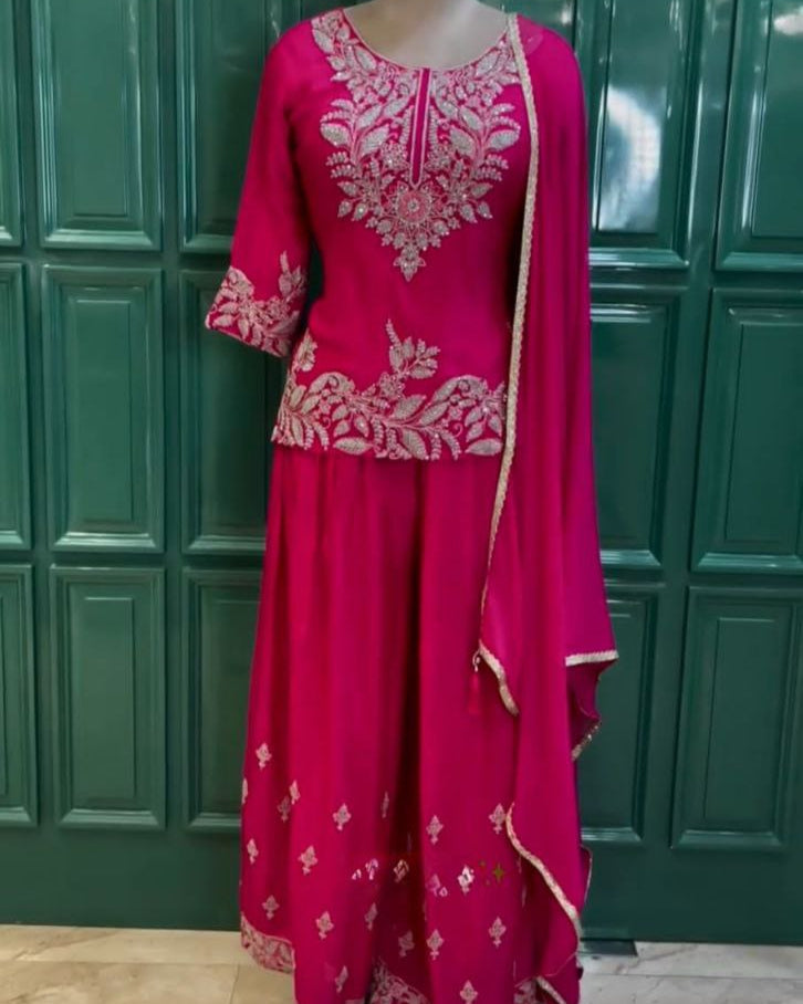 Premium Chinon Silk Embroidered Party Wear Set – Top, Plazzo & Dupatta