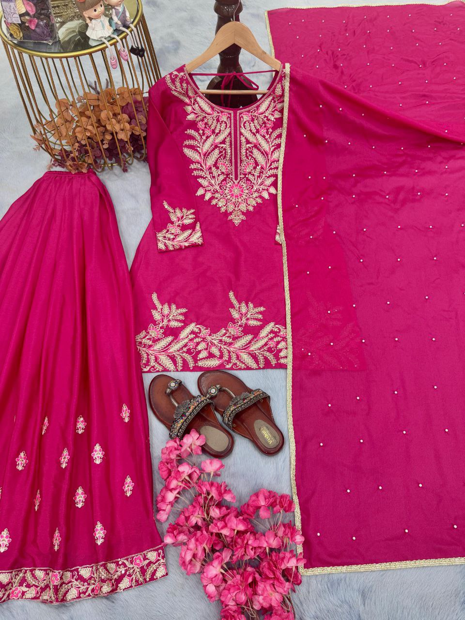 Premium Chinon Silk Embroidered Party Wear Set – Top, Plazzo & Dupatta