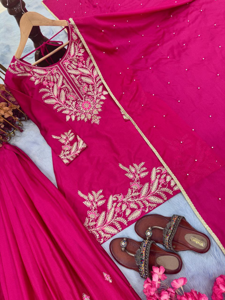 Premium Chinon Silk Embroidered Party Wear Set – Top, Plazzo & Dupatta
