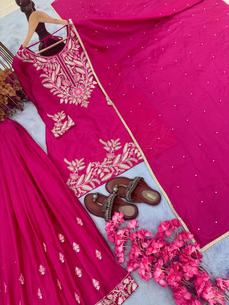 Premium Chinon Silk Embroidered Party Wear Set – Top, Plazzo & Dupatta