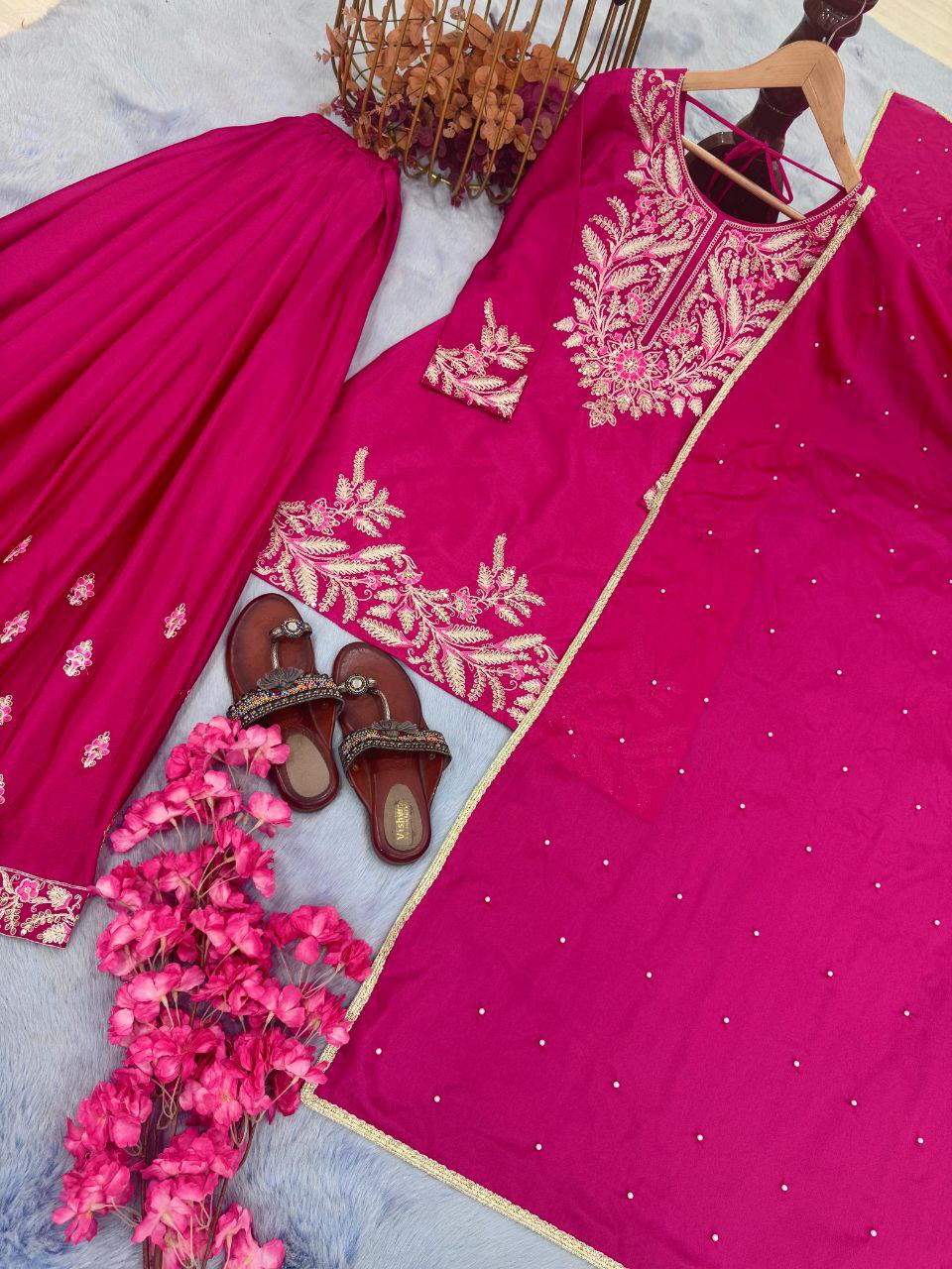 Premium Chinon Silk Embroidered Party Wear Set – Top, Plazzo & Dupatta