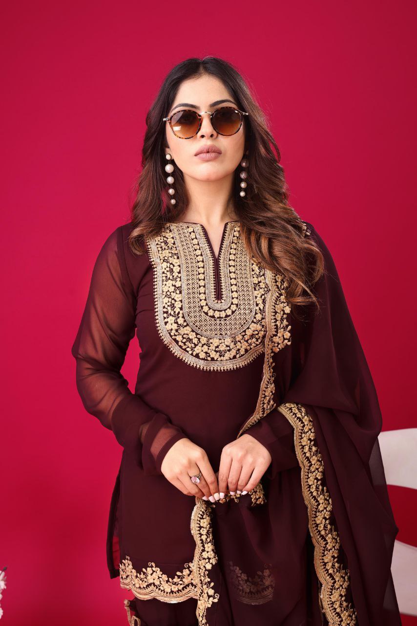 Blooming Faux Georgette Embroidered Party Wear Set – Fully Stitched