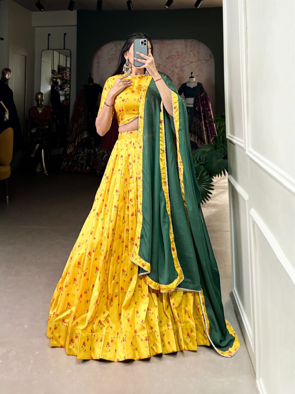 Tussar Silk Floral Yellow Lehenga Choli with Pearl Lace Dupatta