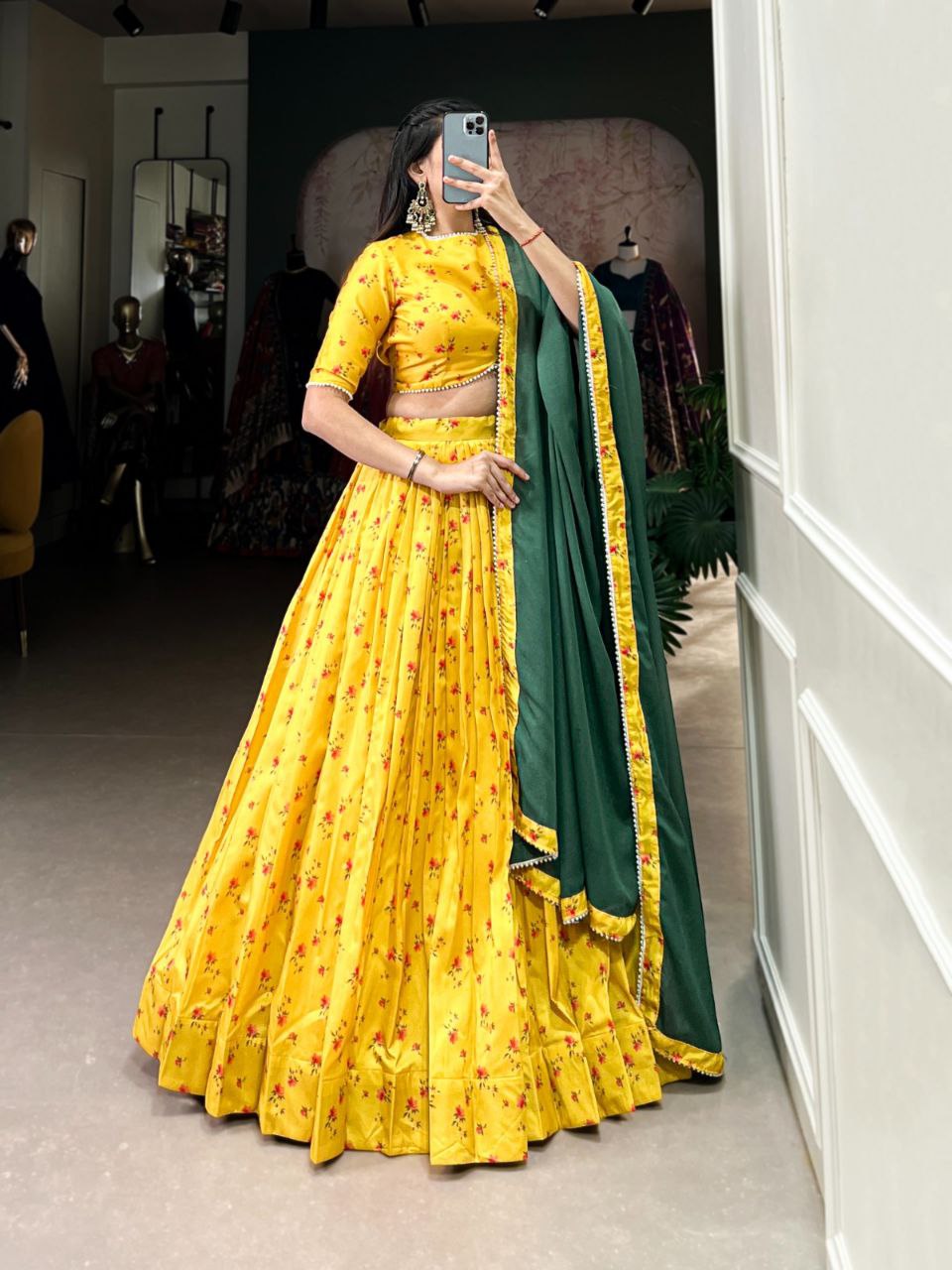 Tussar Silk Floral Yellow Lehenga Choli with Pearl Lace Dupatta