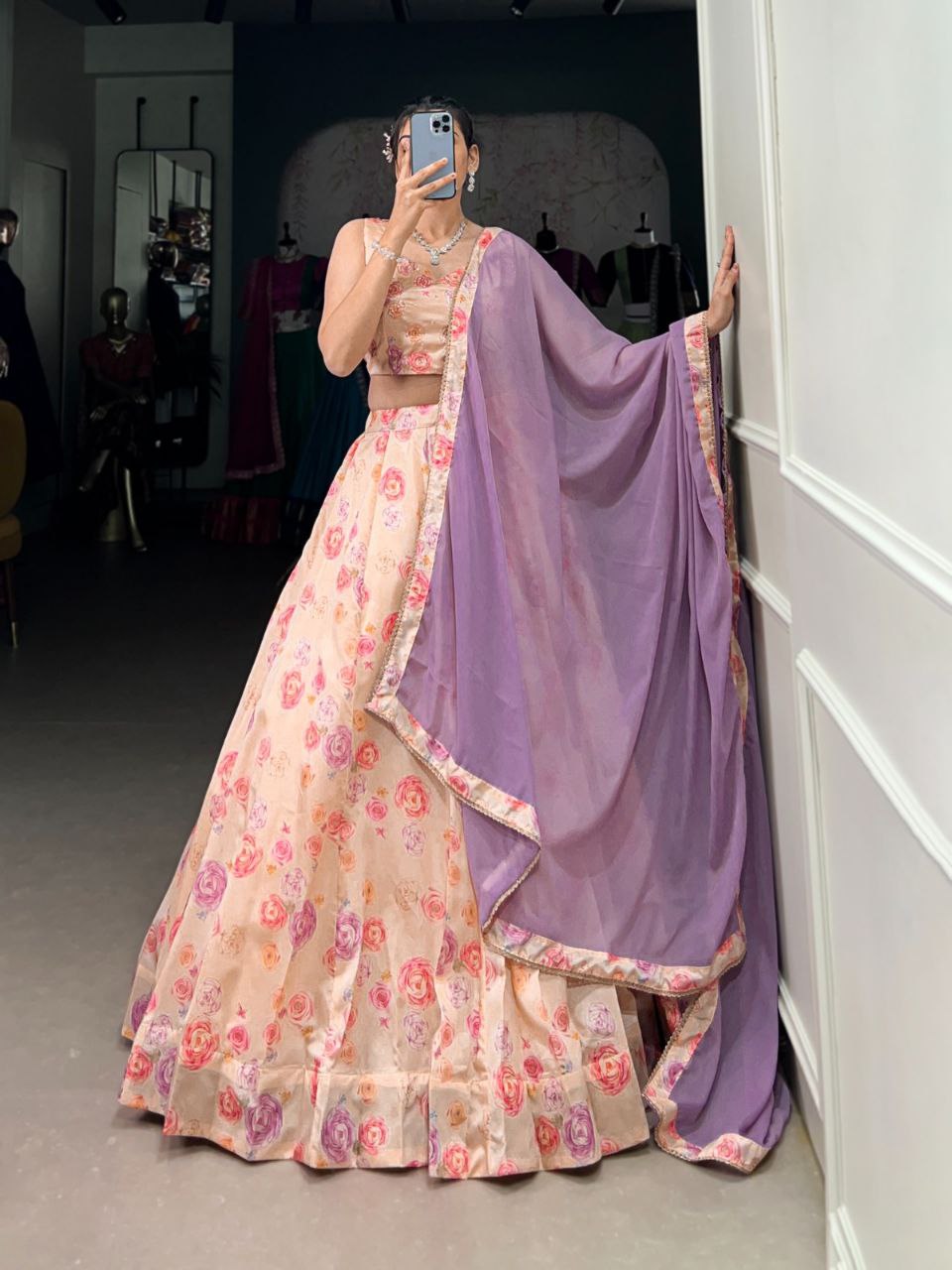 Peach Blossom Tussar Silk Lehenga Choli Set – Elegant & Timeless