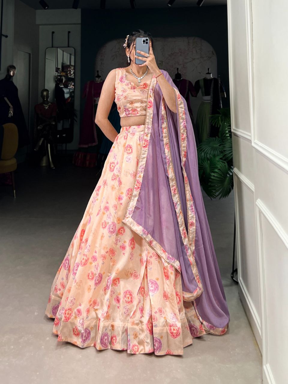 Peach Blossom Tussar Silk Lehenga Choli Set – Elegant & Timeless