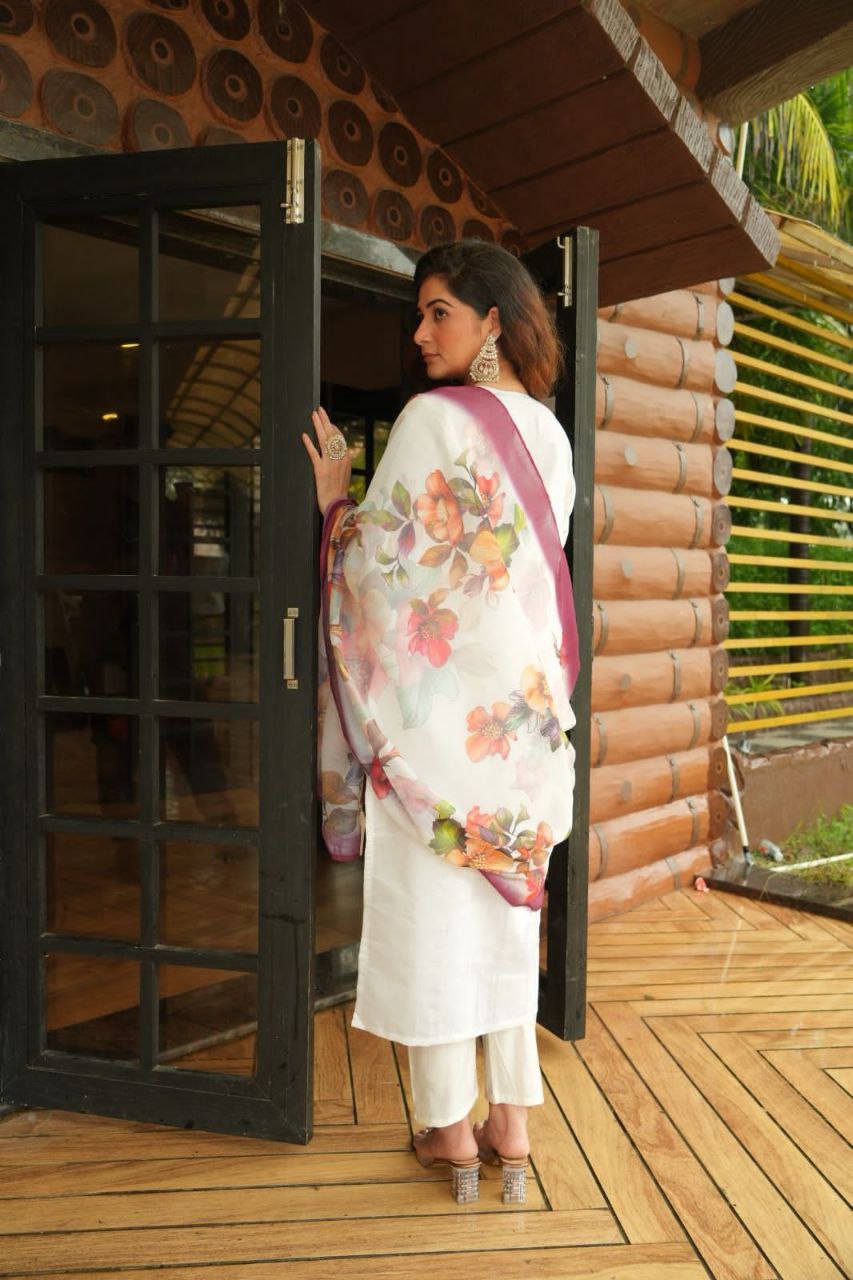 Elegant White Roman Silk Kurti Pant Dupatta Set with Embroidery & Sequins Work