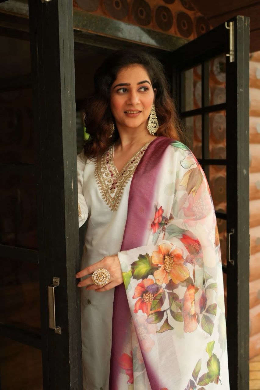 Elegant White Roman Silk Kurti Pant Dupatta Set with Embroidery & Sequins Work