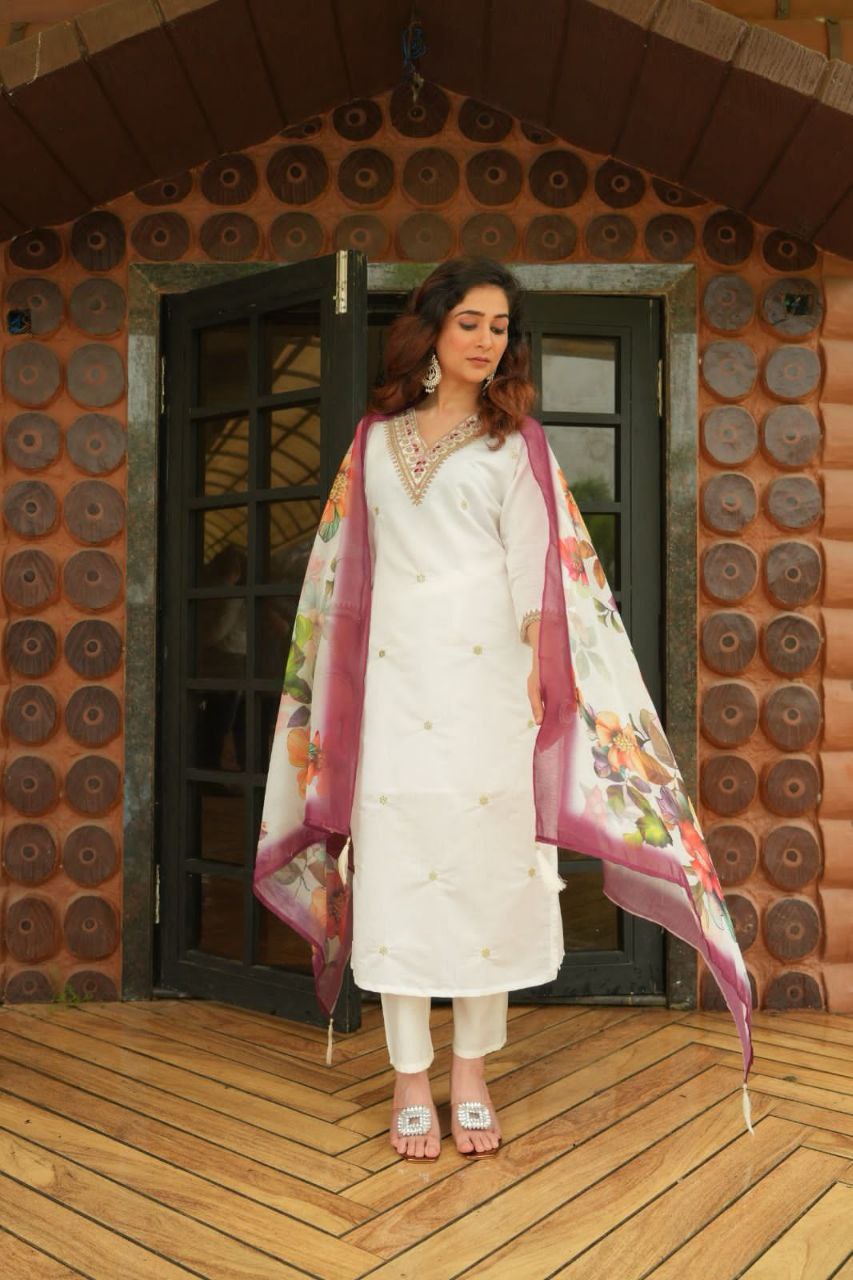 Elegant White Roman Silk Kurti Pant Dupatta Set with Embroidery & Sequins Work