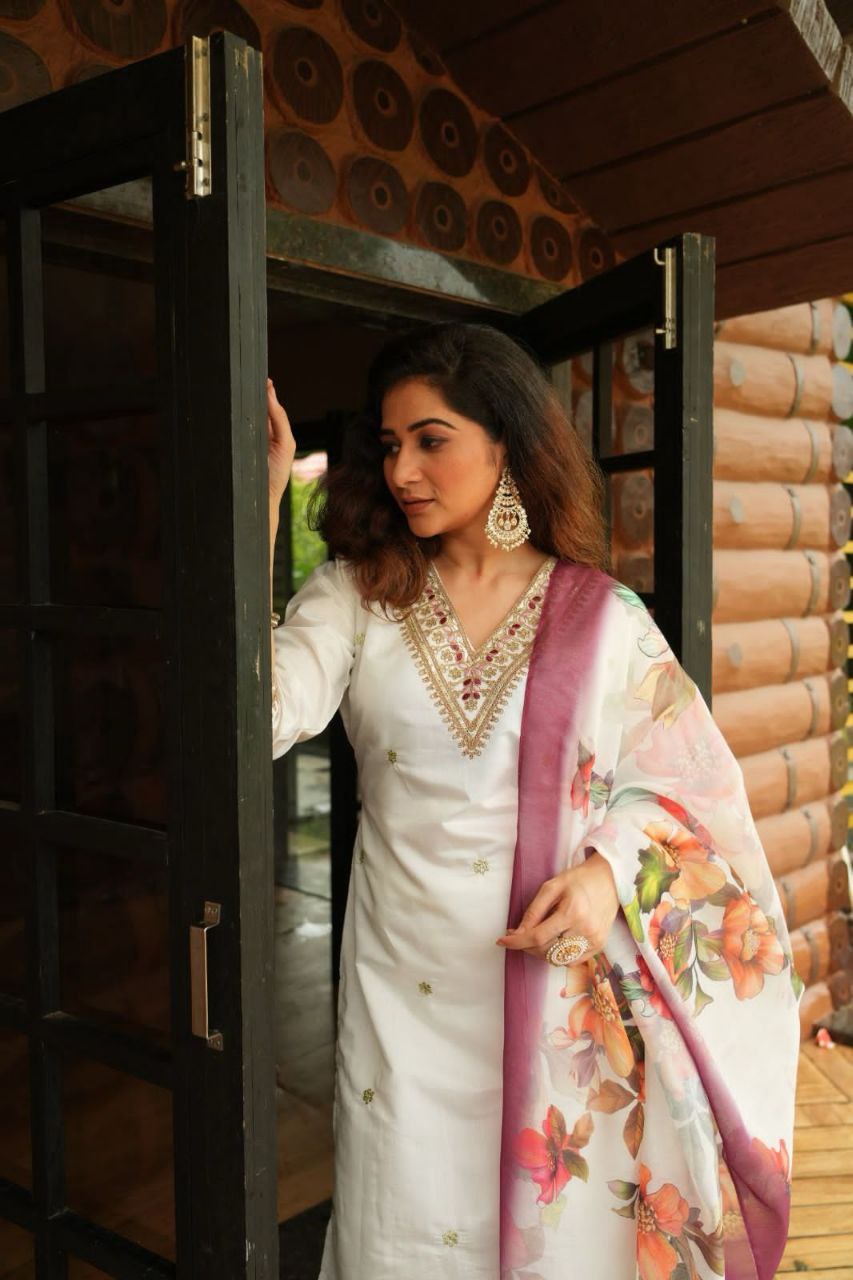 Elegant White Roman Silk Kurti Pant Dupatta Set with Embroidery & Sequins Work