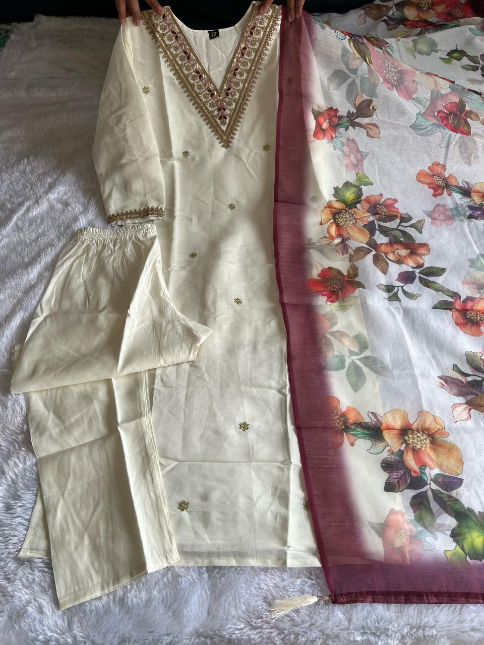 Elegant White Roman Silk Kurti Pant Dupatta Set with Embroidery & Sequins Work