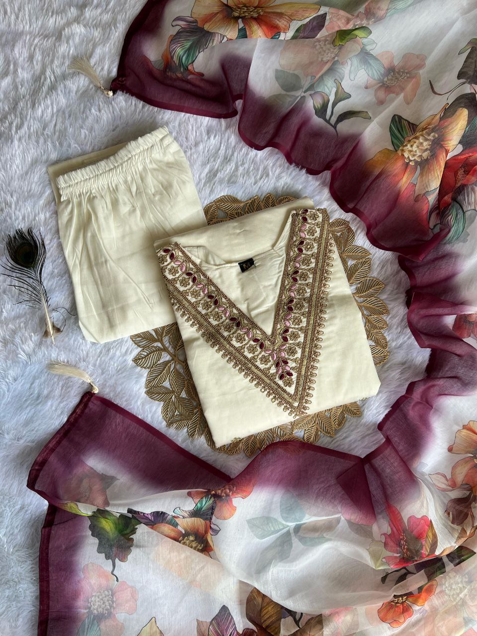 Elegant White Roman Silk Kurti Pant Dupatta Set with Embroidery & Sequins Work