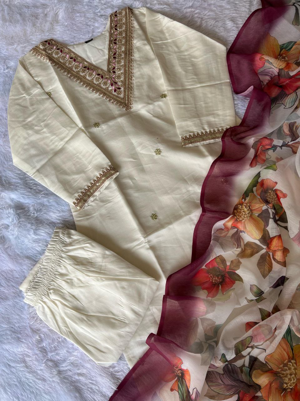 Elegant White Roman Silk Kurti Pant Dupatta Set with Embroidery & Sequins Work