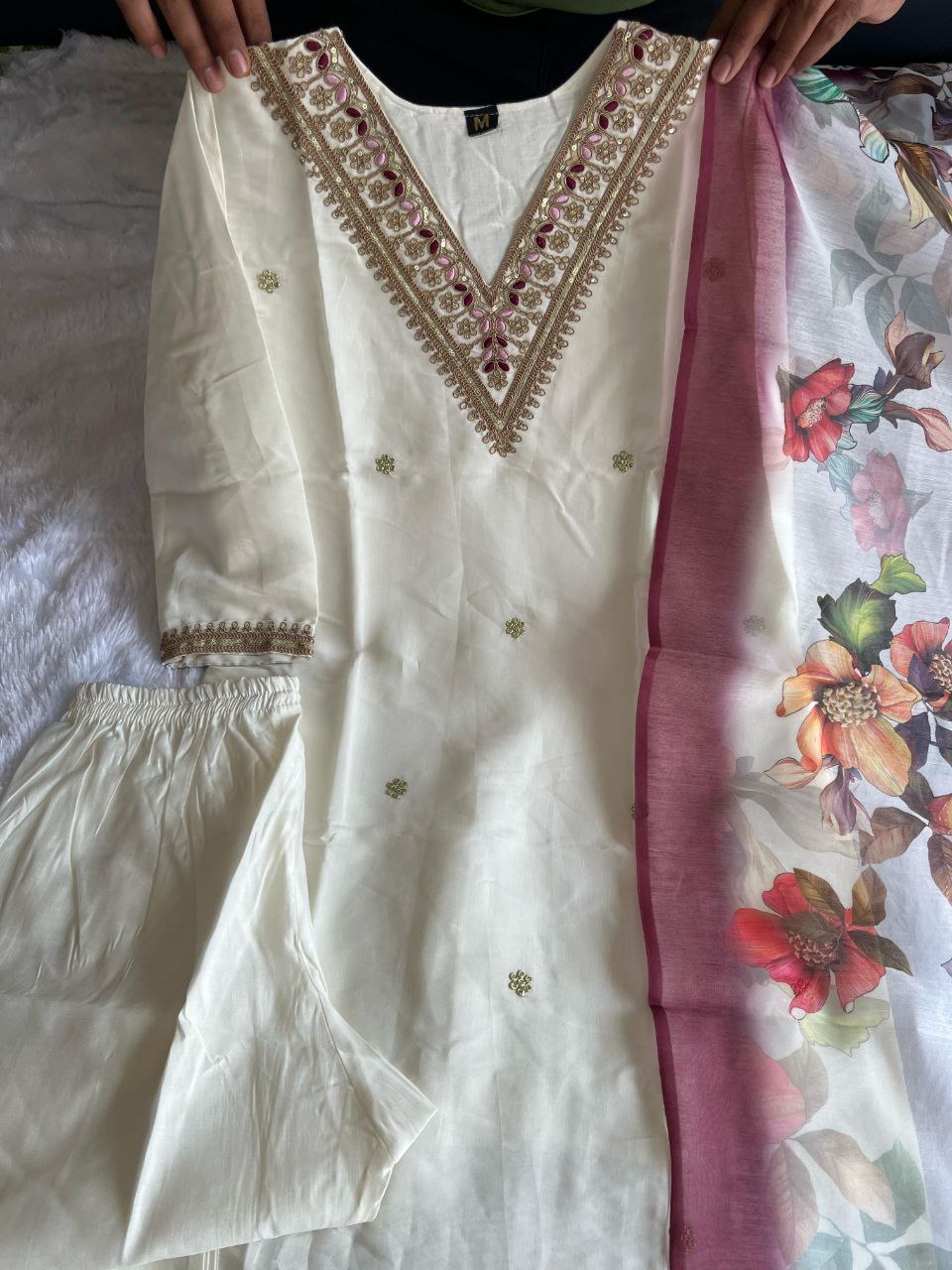 Elegant White Roman Silk Kurti Pant Dupatta Set with Embroidery & Sequins Work