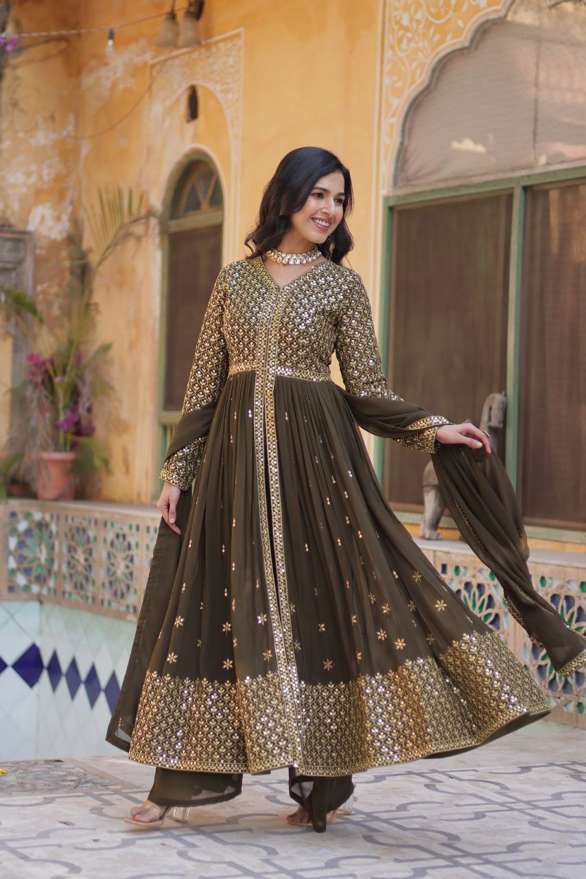 Premium Faux Georgette Embroidered Kurti Pant Dupatta Set with Fancy V Neck