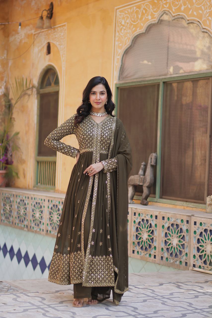 Premium Faux Georgette Embroidered Kurti Pant Dupatta Set with Fancy V Neck