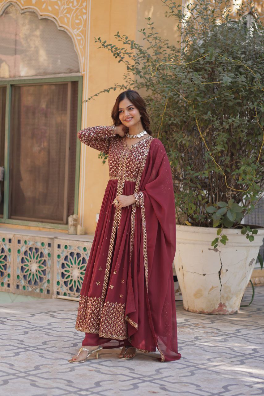 Premium Faux Georgette Embroidered Kurti Pant Dupatta Set with Fancy V Neck