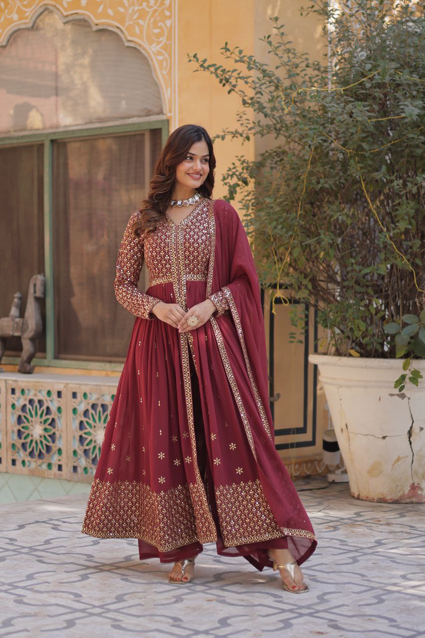 Premium Faux Georgette Embroidered Kurti Pant Dupatta Set with Fancy V Neck