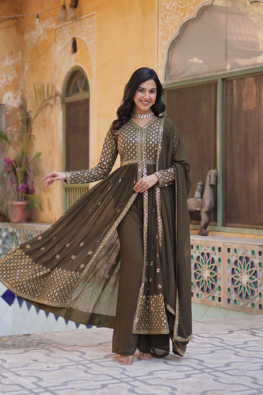 Premium Faux Georgette Embroidered Kurti Pant Dupatta Set with Fancy V Neck