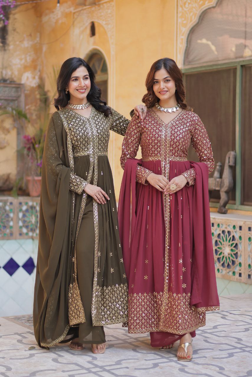 Premium Faux Georgette Embroidered Kurti Pant Dupatta Set with Fancy V Neck