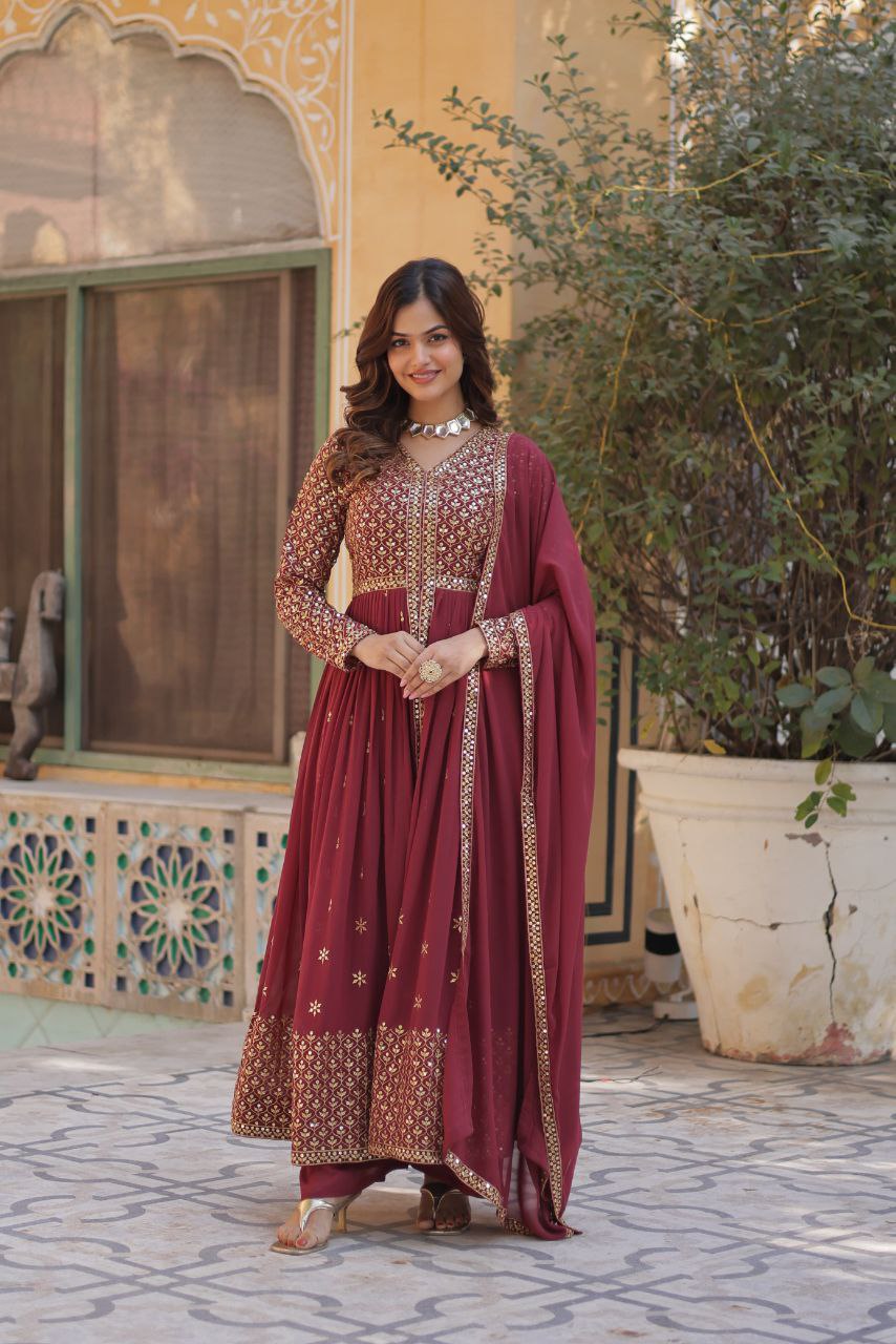 Premium Faux Georgette Embroidered Kurti Pant Dupatta Set with Fancy V Neck