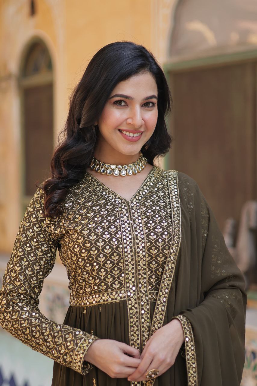 Premium Faux Georgette Embroidered Kurti Pant Dupatta Set with Fancy V Neck