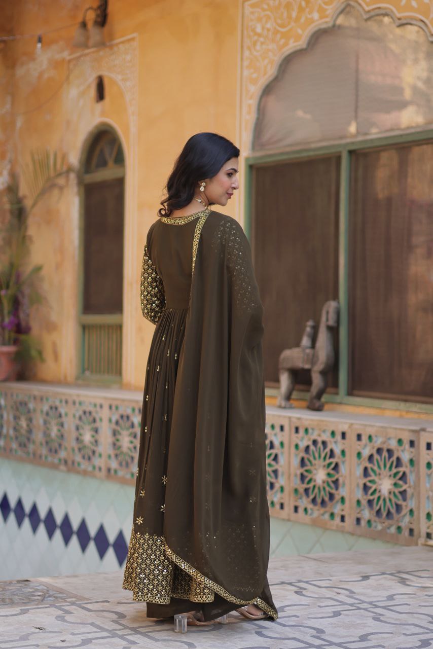 Premium Faux Georgette Embroidered Kurti Pant Dupatta Set with Fancy V Neck