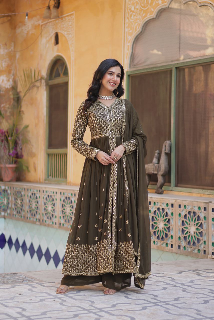Premium Faux Georgette Embroidered Kurti Pant Dupatta Set with Fancy V Neck