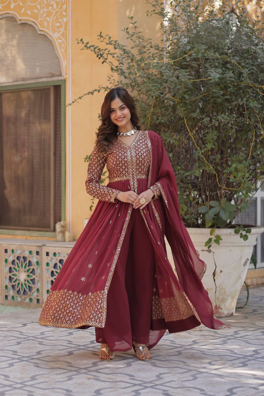 Premium Faux Georgette Embroidered Kurti Pant Dupatta Set with Fancy V Neck