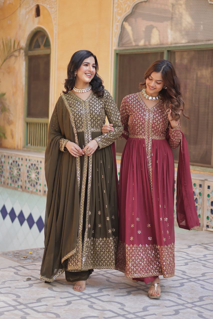 Premium Faux Georgette Embroidered Kurti Pant Dupatta Set with Fancy V Neck