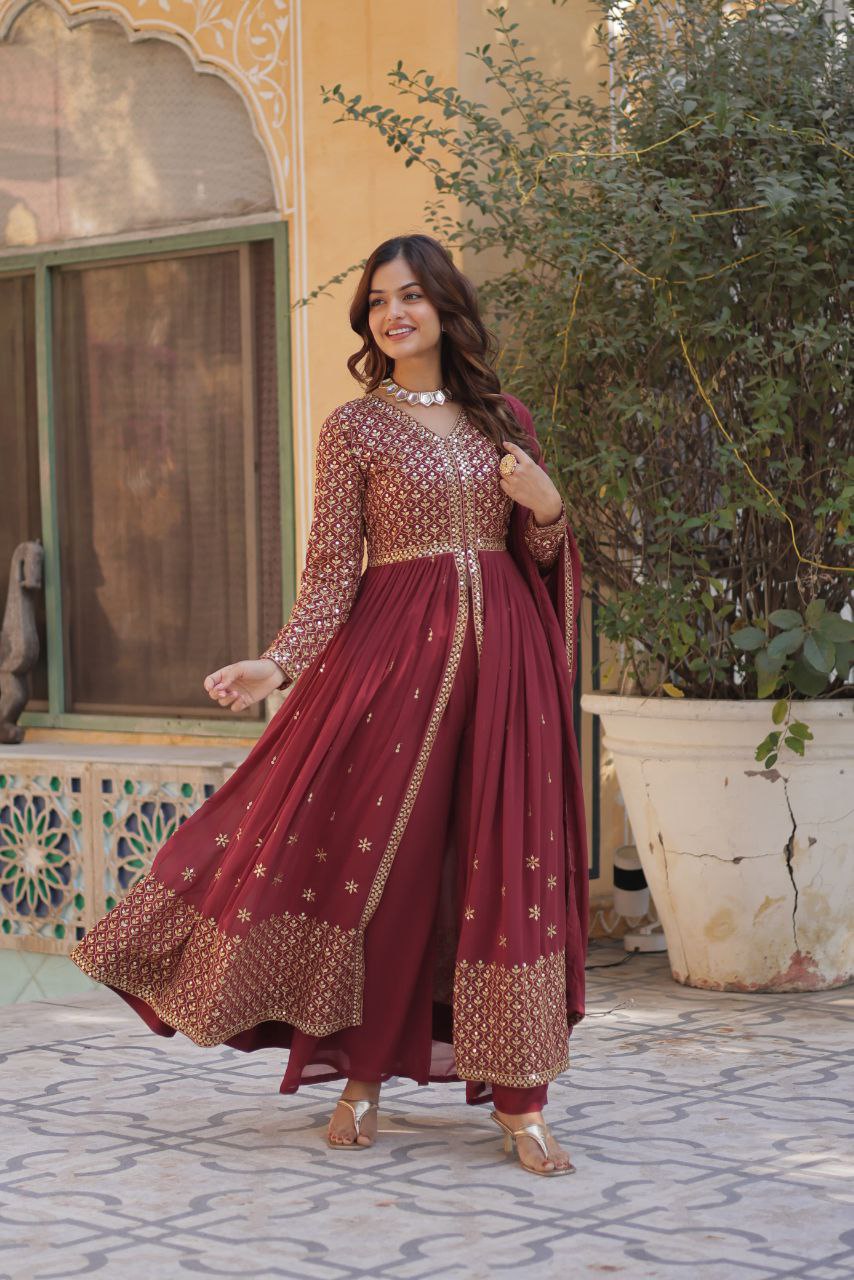Premium Faux Georgette Embroidered Kurti Pant Dupatta Set with Fancy V Neck