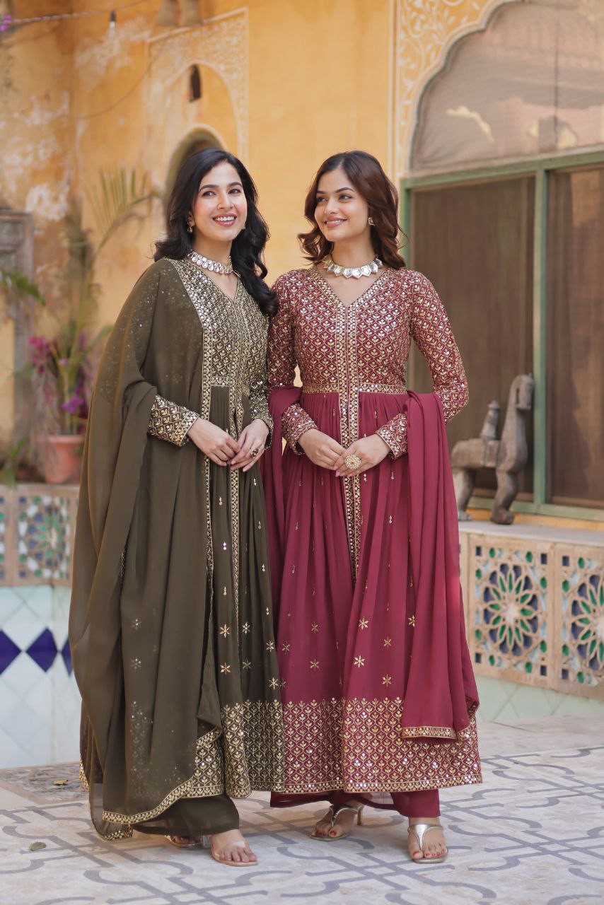 Premium Faux Georgette Embroidered Kurti Pant Dupatta Set with Fancy V Neck
