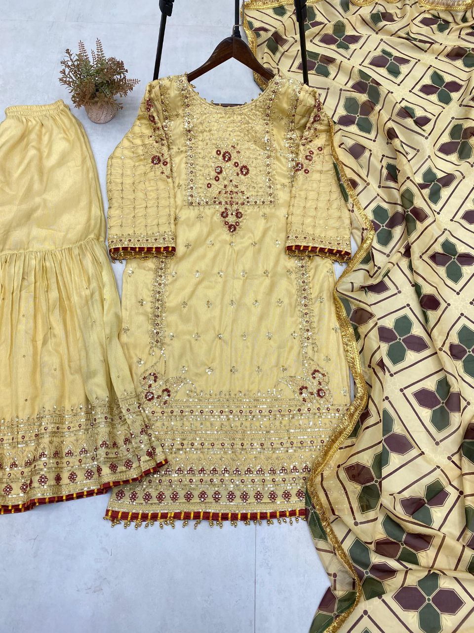 Eid Special Luxurious Silk Embroidered Sharara Set with Dupatta