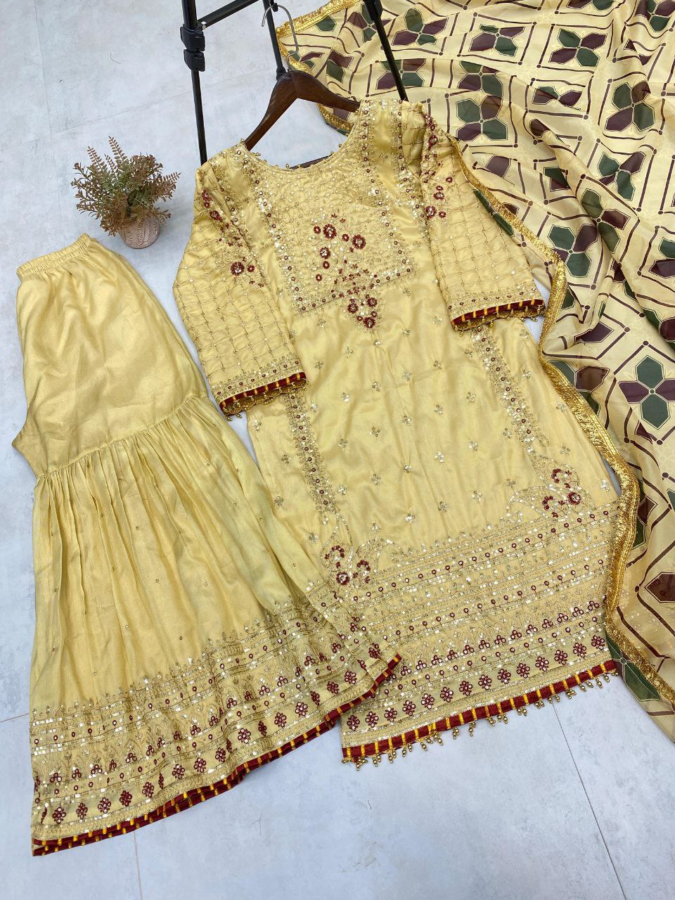 Eid Special Luxurious Silk Embroidered Sharara Set with Dupatta
