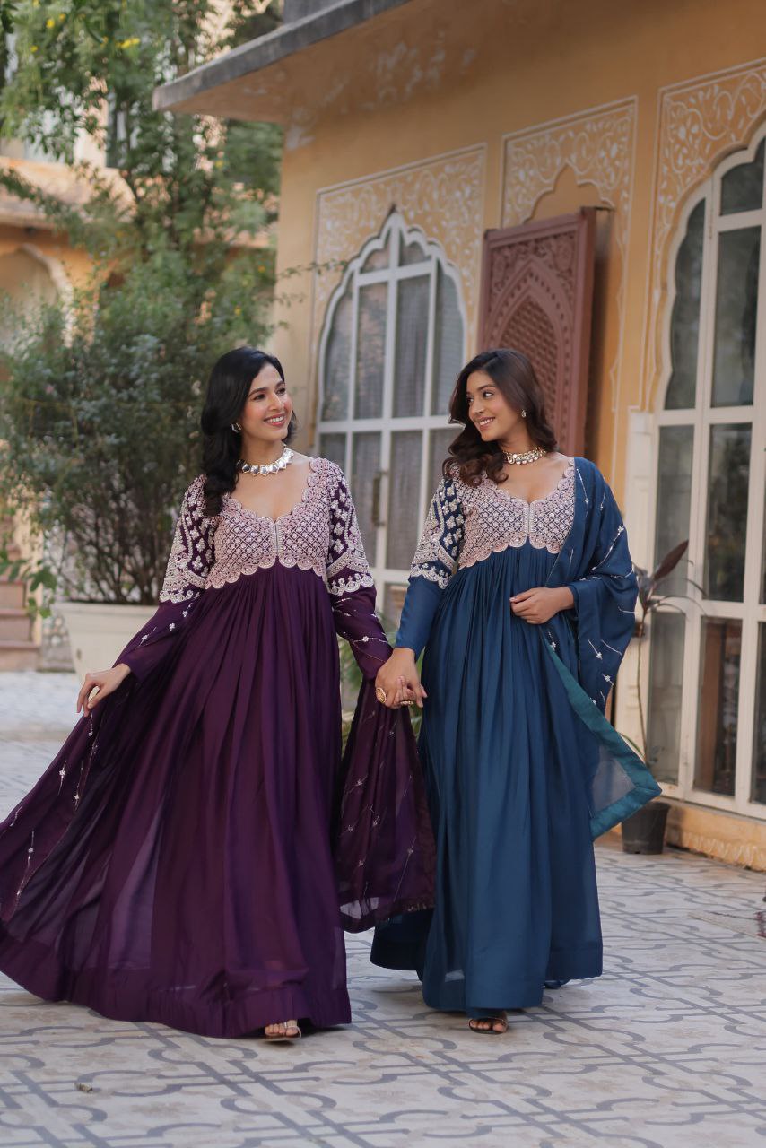 Premium Star Georgette Embroidered Purple & Greenish Blue Gown with Dupatta