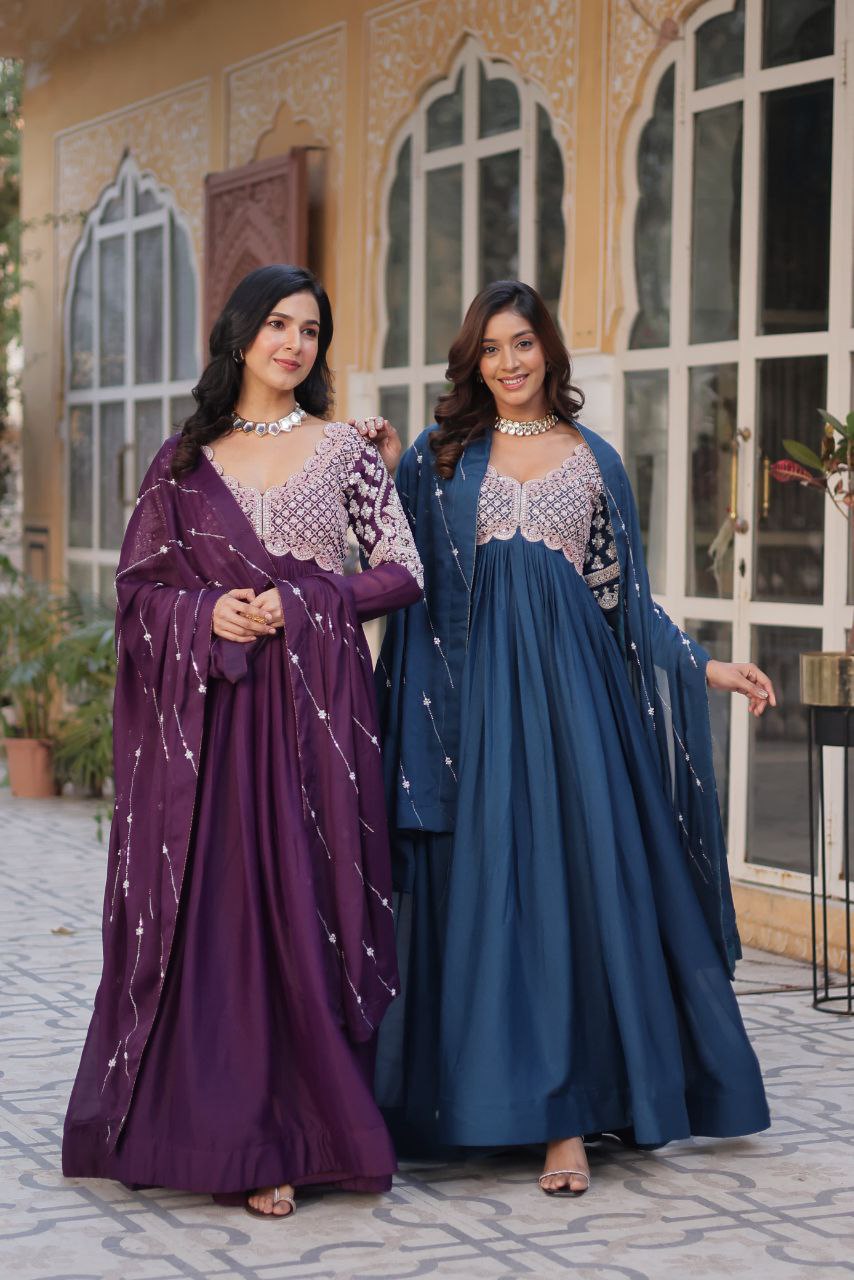 Premium Star Georgette Embroidered Purple & Greenish Blue Gown with Dupatta