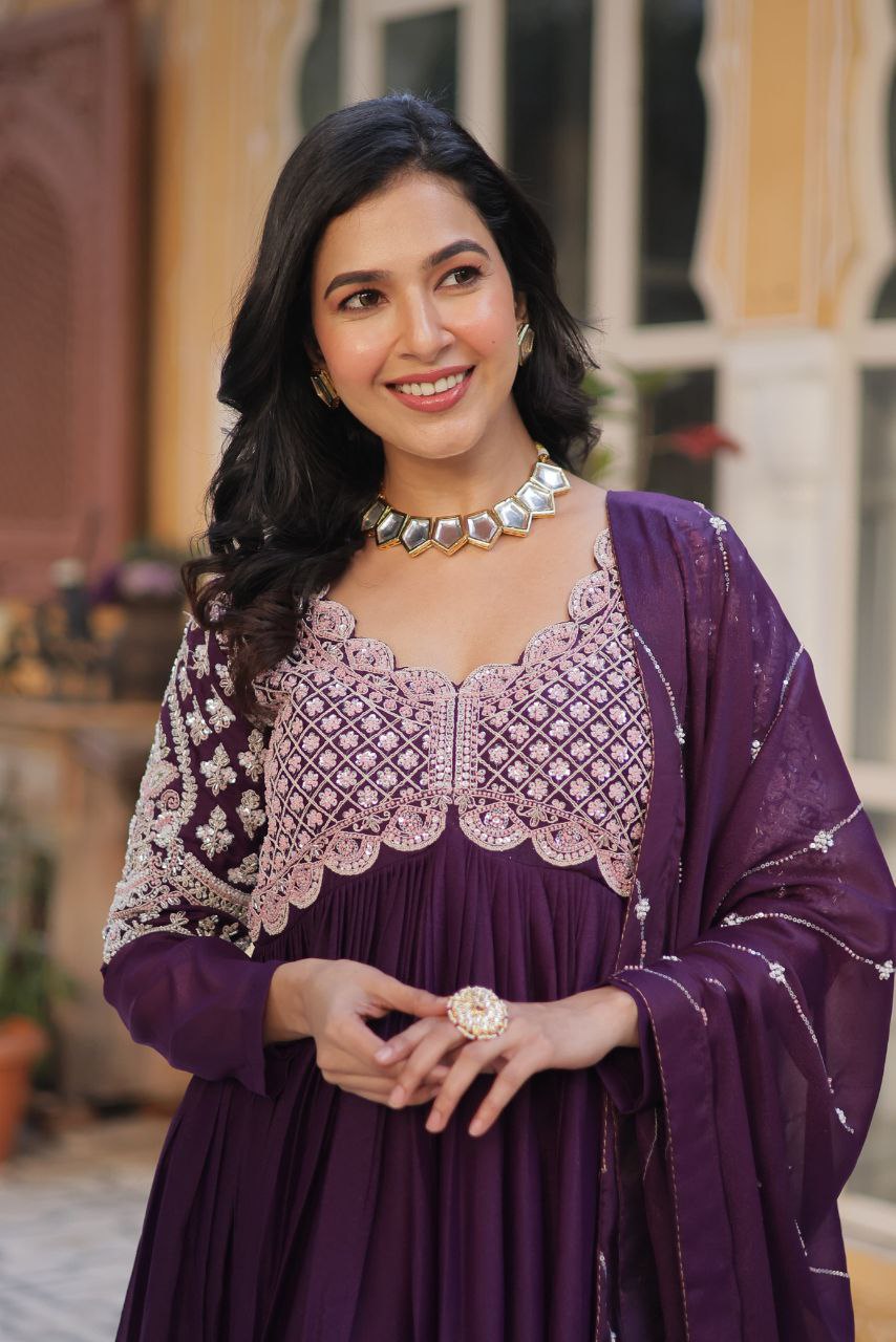 Premium Star Georgette Embroidered Purple & Greenish Blue Gown with Dupatta