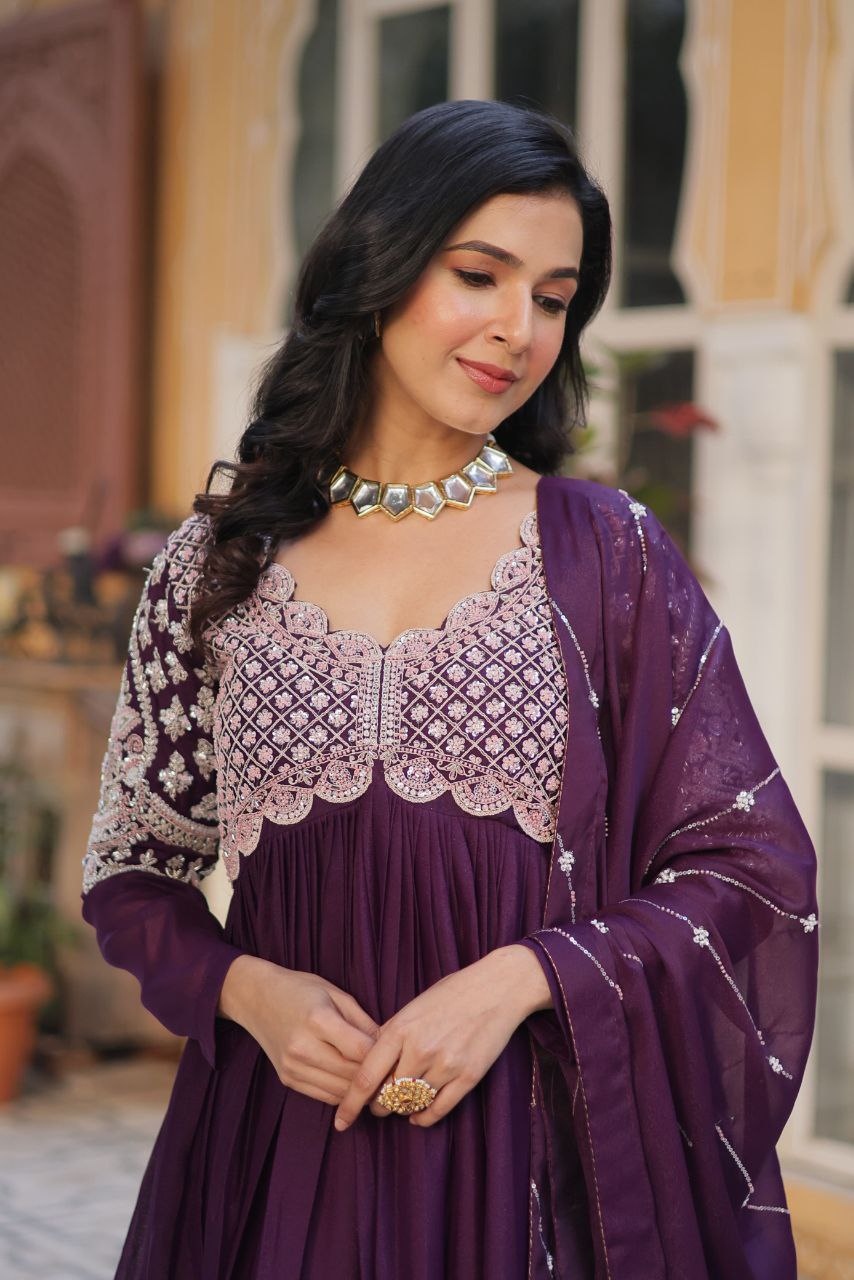 Premium Star Georgette Embroidered Purple & Greenish Blue Gown with Dupatta