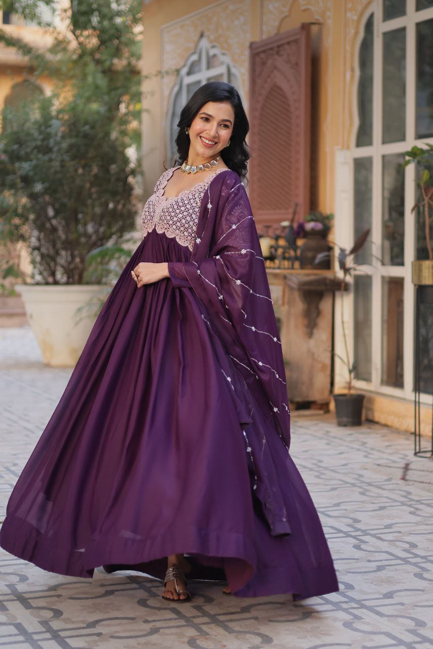 Premium Star Georgette Embroidered Purple & Greenish Blue Gown with Dupatta