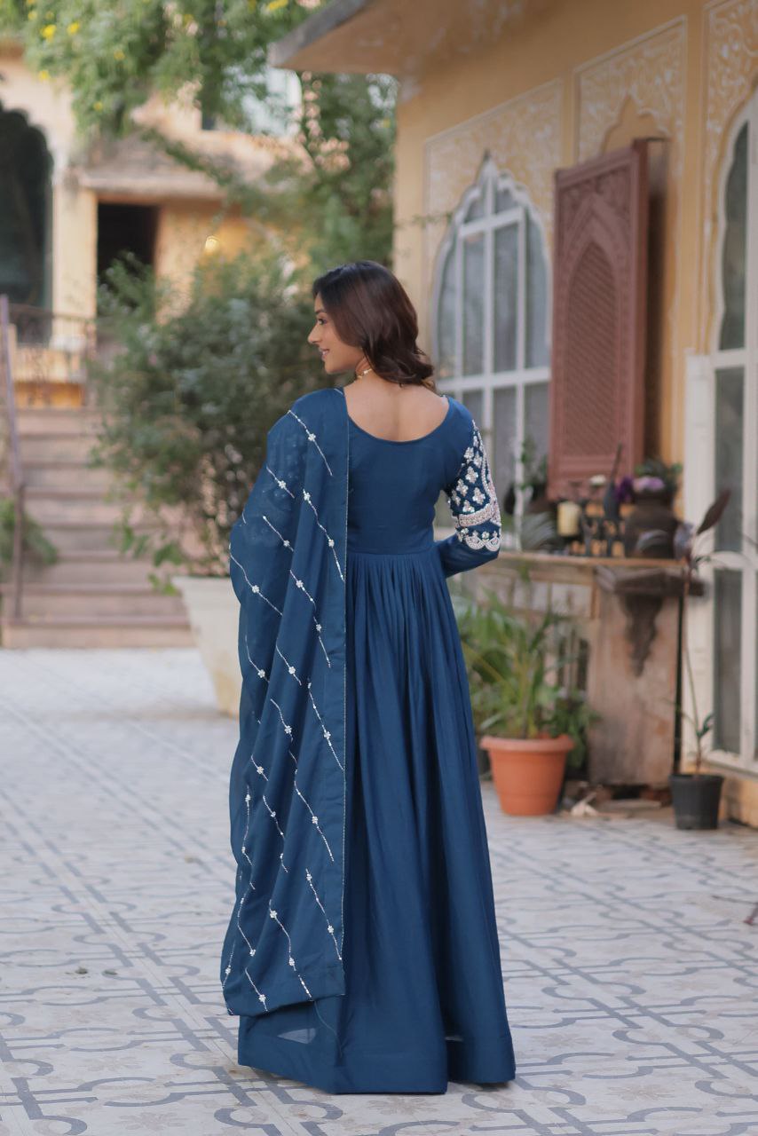 Premium Star Georgette Embroidered Purple & Greenish Blue Gown with Dupatta