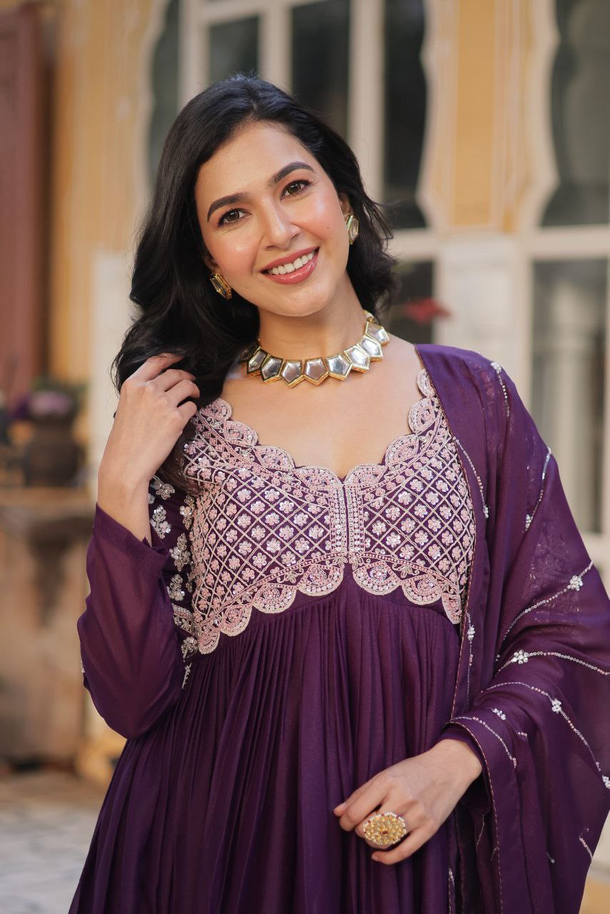 Premium Star Georgette Embroidered Purple & Greenish Blue Gown with Dupatta